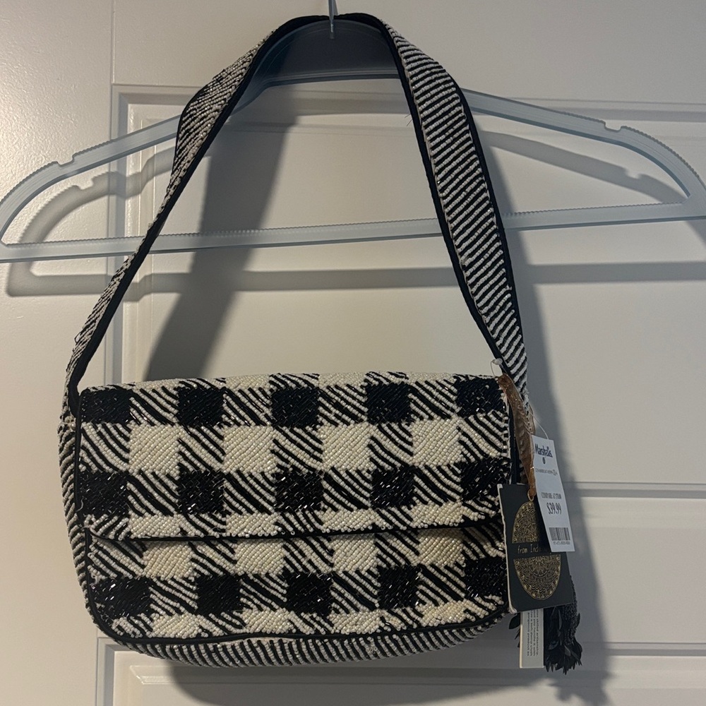 Viral beaded From India to You Black and White Checkered Women's Bag